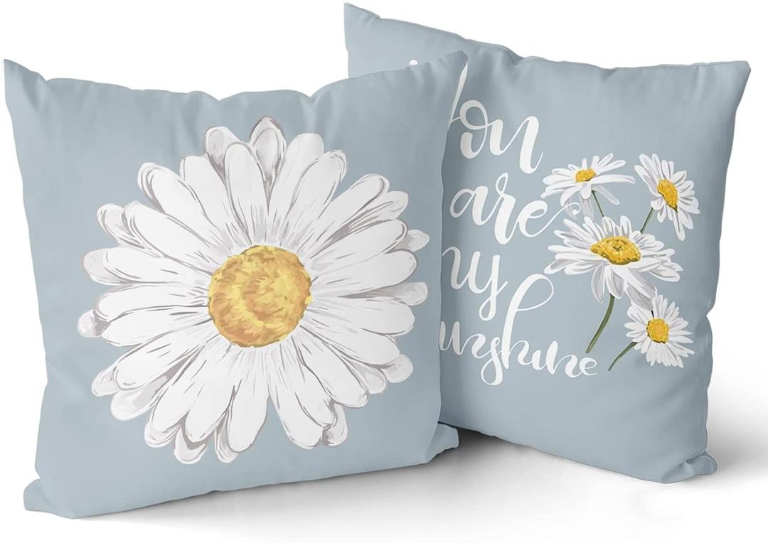 Sweetshow Daisy Pillow Covers 18x18 Inch Set of 2 Farmhouse Summer Spring Daisy Bloom Pillows Floral Blue Decorative Throw Pillow Covers Soft Cotton Cushion Cover for Home Sofa Couch Bedroom