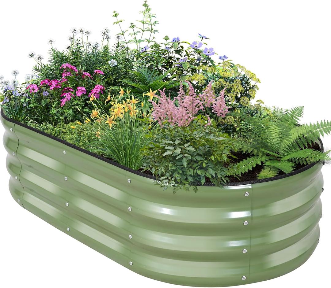 Galvanized Raised Garden Bed Outdoor - 421ft Planter Raised Beds for Gardening | Oval Metal Garden Planter Box with Safety Edging and Gloves for Vegetables Fruits and Flowers OliveGreen