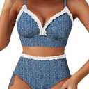 Herseas Women's Splice Ruffle Trim Bikini Sets Tie Side Swimsuits High Waisted Bathing Suits. L Size