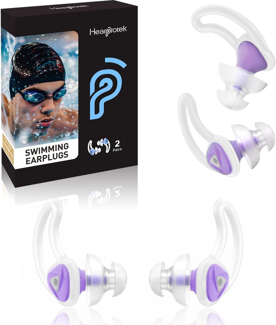 Ear Plugs for Swimming2 Pairs Soft Silicone Reusable Waterproof Earplugs for Adults & Men Women, Custom Fit for Swimmers Ear, Pool, Beach, Snorkeling, Surfing, Kickboard Training(Purple)