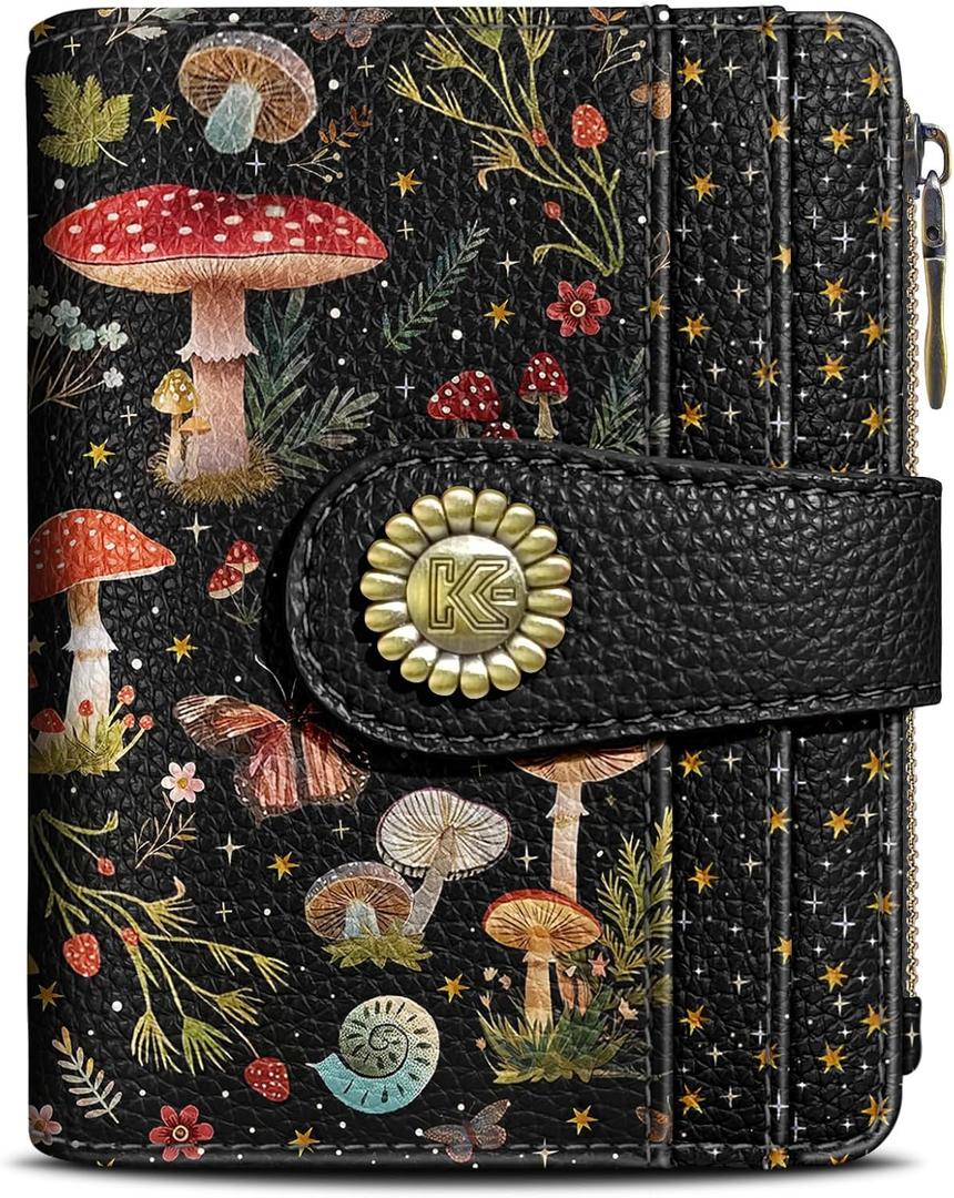 Mushroom Moon Night Small RFID Women Wallet Bifold Zipper Coin Pocket PU Leather Compact Cash Credit Card Holder Travel Wallet for Female Ladies Teen Girls 1 ID Window 10 Card Slots