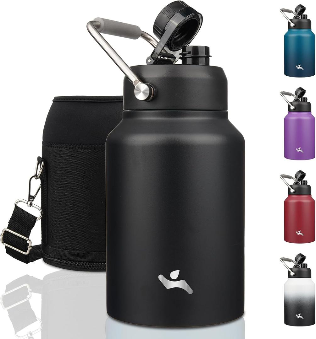 Konokyo Half Gallon Jug with Handle,64 oz Insulated Water Bottle with Carrying Pouch,Double Wall Vacuum Stainless Steel Metal Bottle,Black