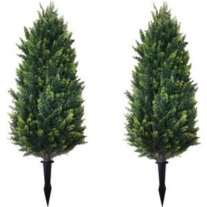 3FT Artificial Cedar Topiary Trees with Ground Spike Set of 2, UV Resistant Faux Cypress Trees Artificial Bushes for Indoor Outdoor Home Garden Decor (Extra Dense)