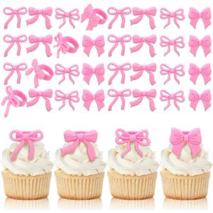 Chuangdi 48 Pieces Coquette Bow Cupcake Rings Cute Pink Bow Coquette Birthday Cake Decorations for Bachelorette Bridal Engagement Wedding Baby Shower Girl Theme Party Decor, 4 Styles
