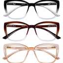 ORANZI Reading Glasses Women, 3 pack Fashion Oversized Blue Light Readers Women, Spring Hinge Cat Eye Glasses Anti Eyestrain(C1 Black Transparent & Claret Transparent & Champagne, 2.00)