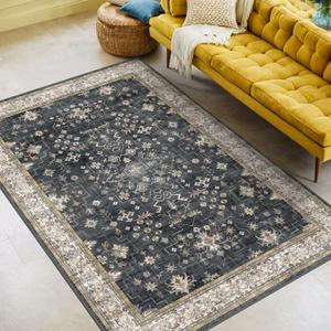 Black Modern Farmhouse 5x8 Area Rug for Living Room, Boho Large Entryway Rug, Dark Floor Carpet for Kitchen Under Small Dining Table, Bedroom - Washable Low Pile Waterproof Non Slip & Stain Resistance (Ashen / Multi)