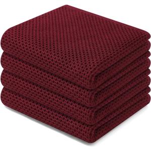 Homaxy 100% Cotton Waffle Weave Kitchen Dish Towels, Ultra Soft Absorbent Quick Drying Cleaning Towel, 13 x 28 Inches, 4-Pack, Burgundy