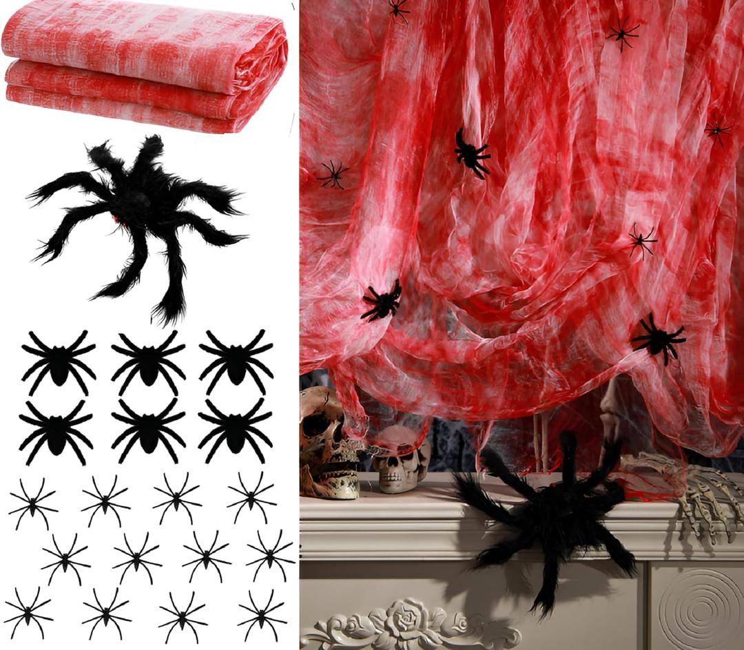 20 Pcs Halloween Creepy Cloth with Black Fake Spiders Realistic Large Spider Web Decoration Scary Props for Haunted Horror Yard Window Doorway Outdoor Halloween Themed Decorations(Blood)