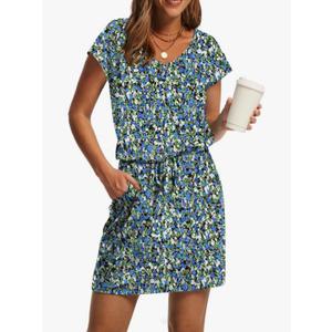 OFEEFAN Summer Dresses for Women 2026 V Neck T Shirt Casual Mini Dresses Tie Waist Sundresses with Pockets, M