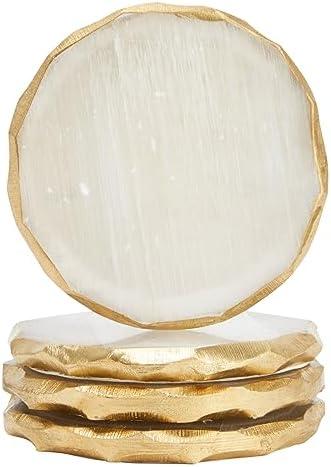 4 Pack Natural Selenite Crystal Coasters for Drinks, Geode Slices with Gold Painted Edge (3.75-4 in Coaster)