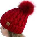 PAGE ONE Womens Winter Ribbed Beanie Crossed Cap Chunky Cable Knit Pompom Soft Warm Hat (Red)