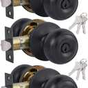 (3 Pack) Entry Door Knobs with Lock and Keyed Alike, Interior/Exterior Flat Ball Door Locks for Bedroom/Bathroom/Front/Offic Doors, Matte Black Finish