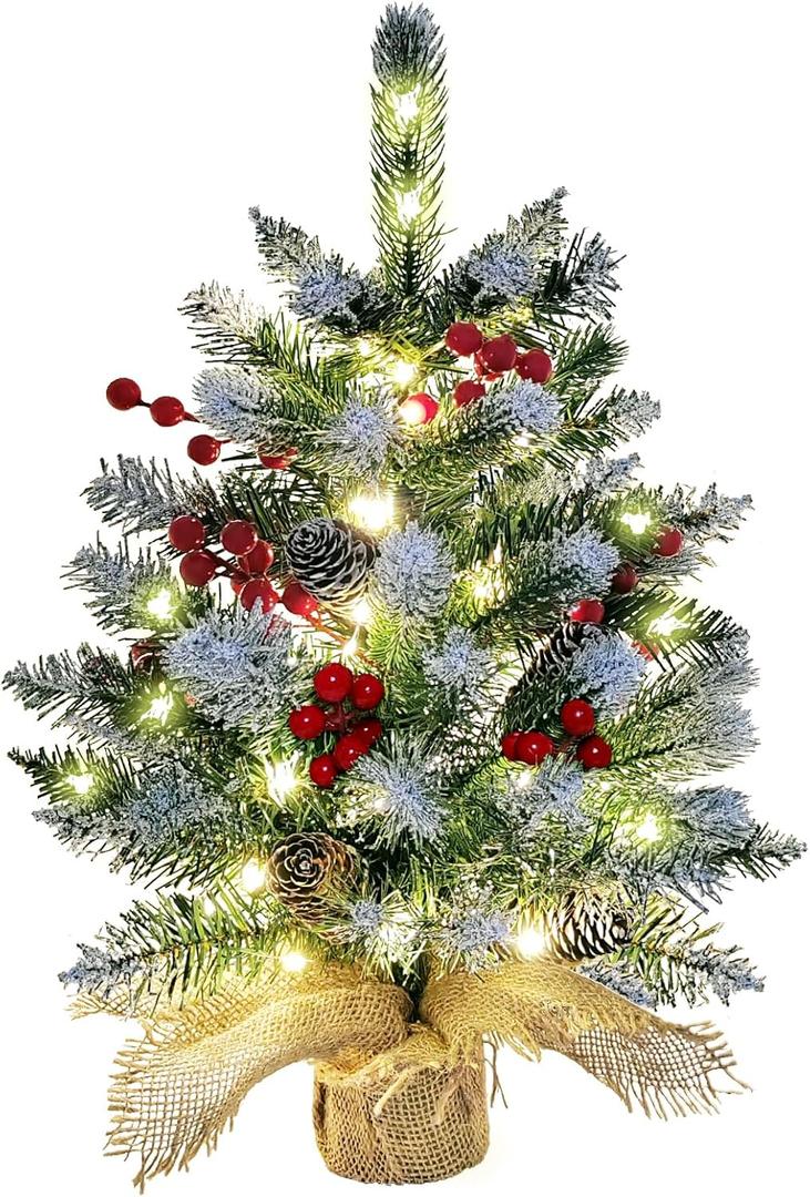 Small Christmas Tree, 22 Inches Artificial Tabletop Christmas Tree with 50 Lights, Snow Flocked Mini Xmas Tree with Pinecones Berries Wood Base for Christmas Decorations Indoor Home Decor