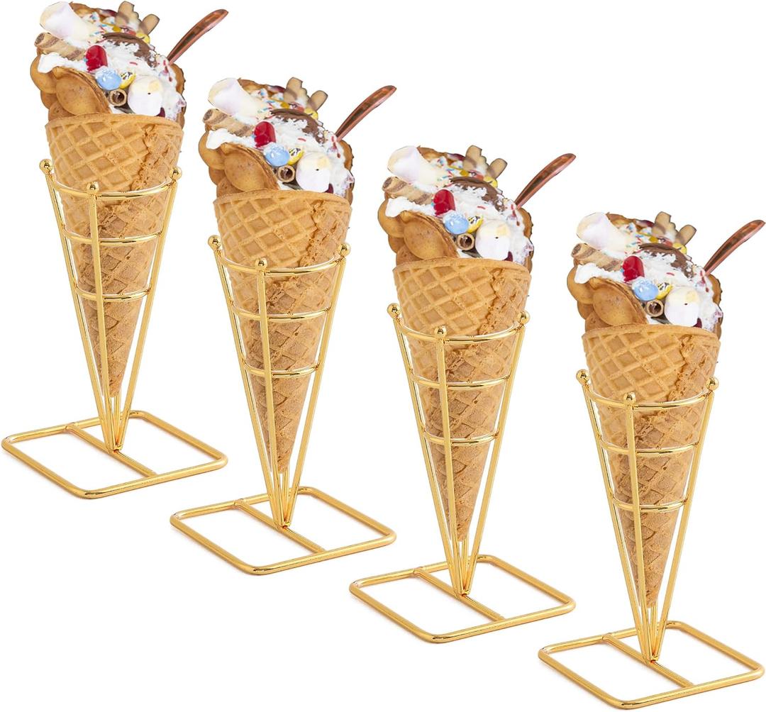 Single Metal Gold Ice Cream Cone Holder Stand, Individua Waffle Cone Holder Sushi Hand Roll Stand for Standard Size Ice Cream Cones Appetizer Charcuterie Cones, Sugar Cones, Sushi (4 Pack)