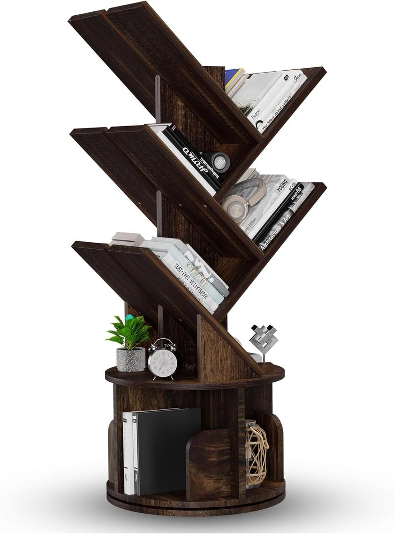 UniRodea Rotating Bookshelf Tree, 5 Tier Space Saving Narrow Bookcase, Unique 360 Spinning Tower, Premium Wood Corner Book Shelf for Kids or Office, Tall Standing Storage Organizer