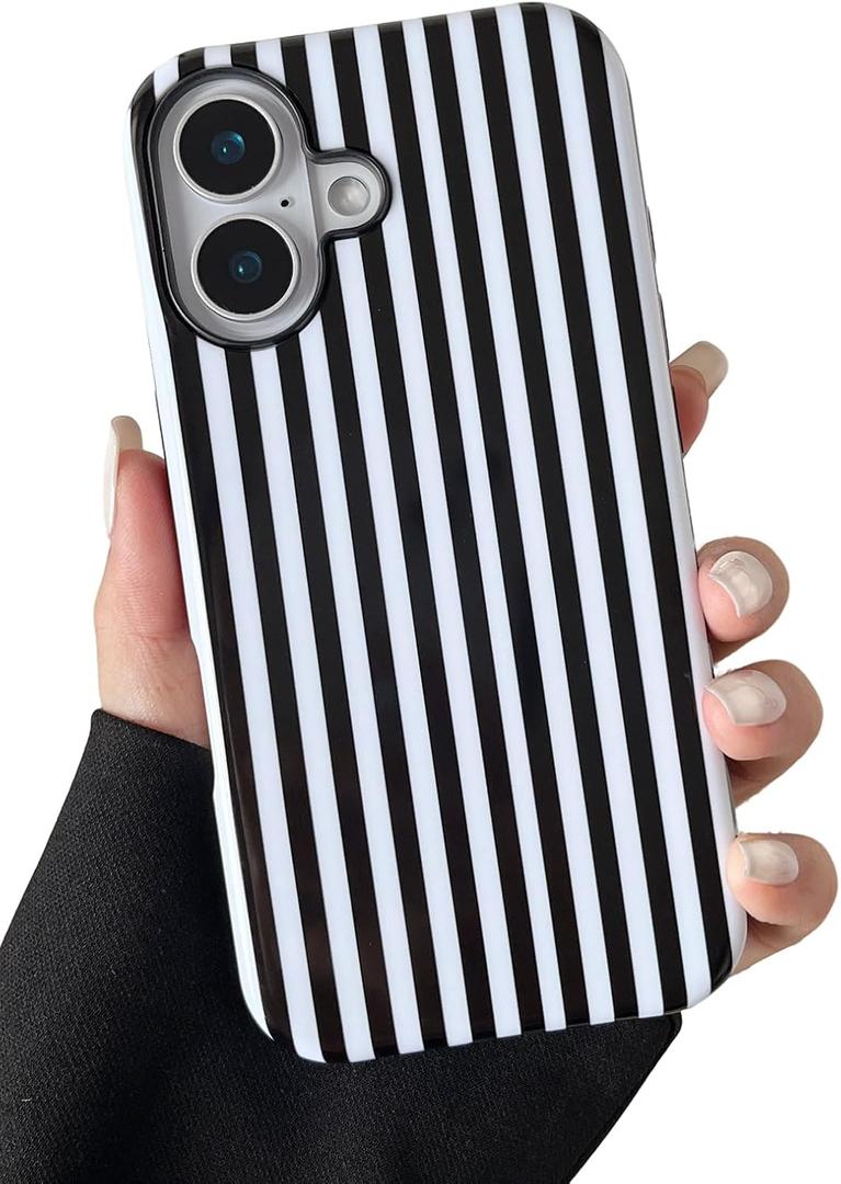 Compatible with iPhone 16 Case Cute Aesthetic Striped Phone Case for Women Girl Shockproof Slim TPU and Hard PC Protective Cover (Black)