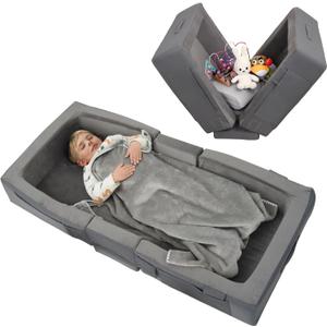 ENITYA Toddler Travel Bed  Portable Foldable Soft Foam Floor Bed for Kids 14yr, No Assembly, Washable Cover, Built-in Safety Rails, Compact for Travel & Home Use, Grey (55*25*7in)