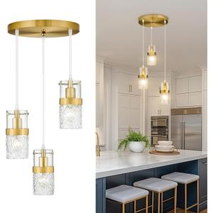 LMS 3-Light Pendant Light Fixtures, Brushed Gold Farmhouse Kitchen Island Light, Industrial Adjustable Hanging Pendant Lighting, Cluster Chandeliers, LMS-189 (3.5" Hammered Glass, 3-Light, Gold -Hammered Glass)