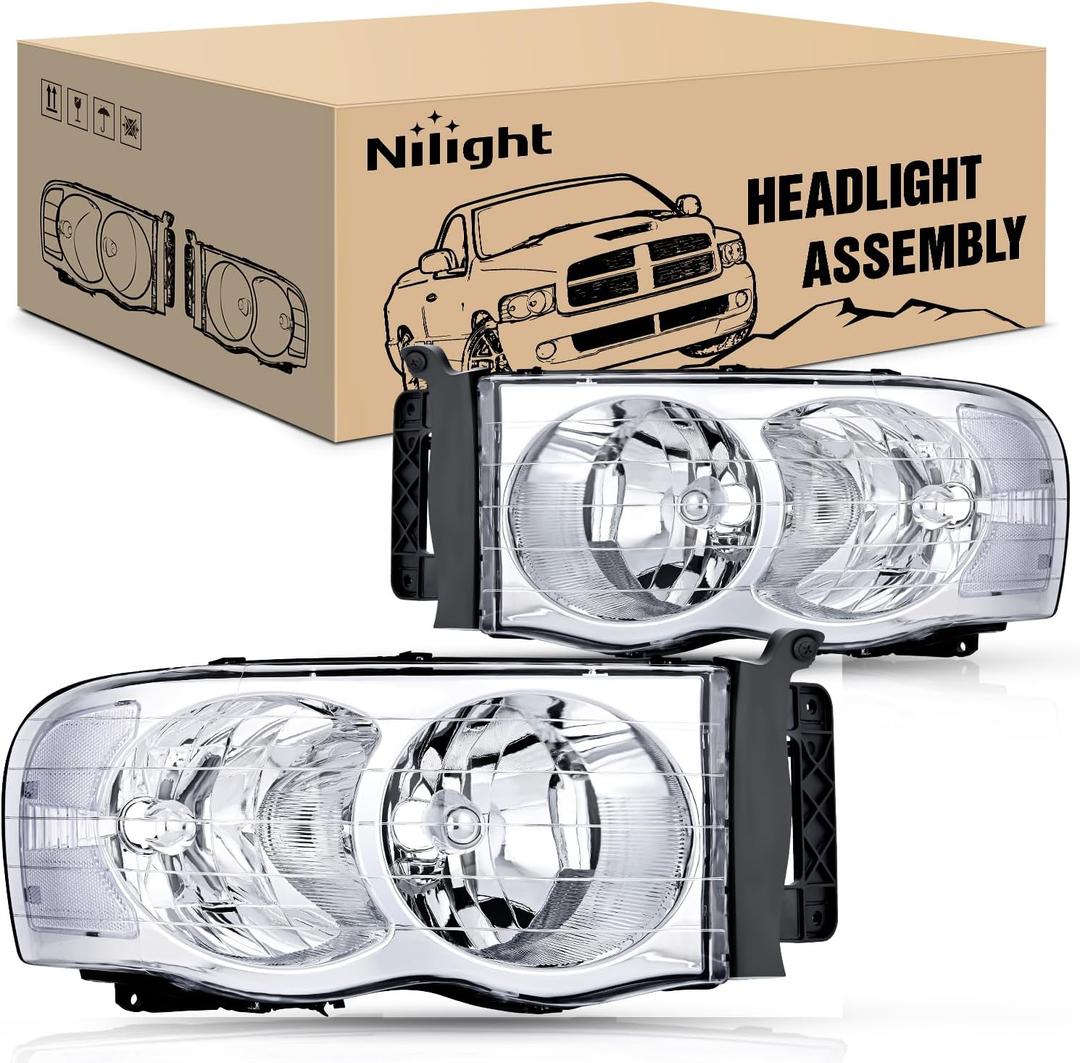 Nilight 2002 2003 2004 2005 Ram 1500 2500 3500 Headlight Assembly Chrome Housing Clear Corner Clear Lens Headlamp Replacement Driver and Passenger Side, 2 Pack