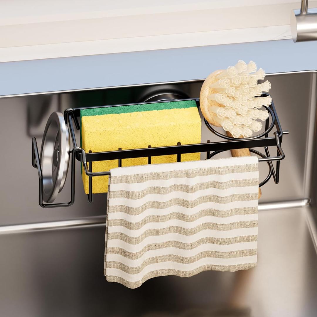 TAILI 4-in-1 Sponge Holder for Kitchen Sink with Strong Suction Cup Removable, Rustproof Stainless Steel Sink Caddy for Sponge, Brush, Scrubber, Scraper -Black