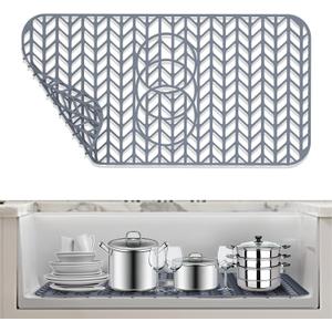 AWOKE Sink Protectors for Kitchen Sink - 24"x 12.5" Sink Mat - Heat resistant Easy-clean Silicone Sink Mat - for Protection of Stainless Steel Sink - with 3 Reserved Holes (Grey)