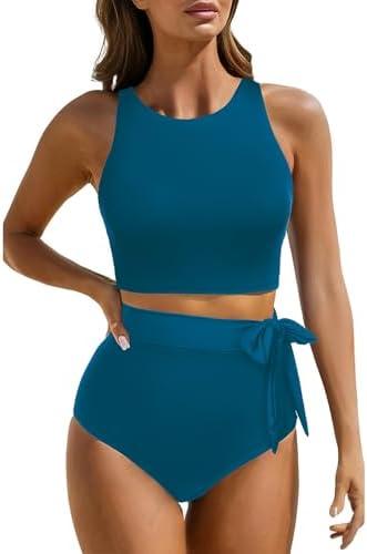 Aqua Eve Women High Waisted Bikini Set Racerback Swimsuit Two Piece Bathing Suit High Neck Swimwear Size L