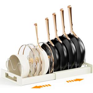 Pots and Pans Organizer Under Cabinet - Pot Lid Holder, Expandable Pan Organizer for Cabinet, Pot Rack with 10 Adjustable Compartments for Kitchen Cabinet, Frying Rack, Lid, Cookware,1 Pcs (White)