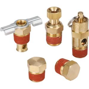 Hromee 5 Piece 1/4 Inch Compressor Air Tank Port Fittings Drain Valve Kit with Solid Brass Hex Head Plugs Winged Style and Twist Style Petcock 140 PSI Safety Valve