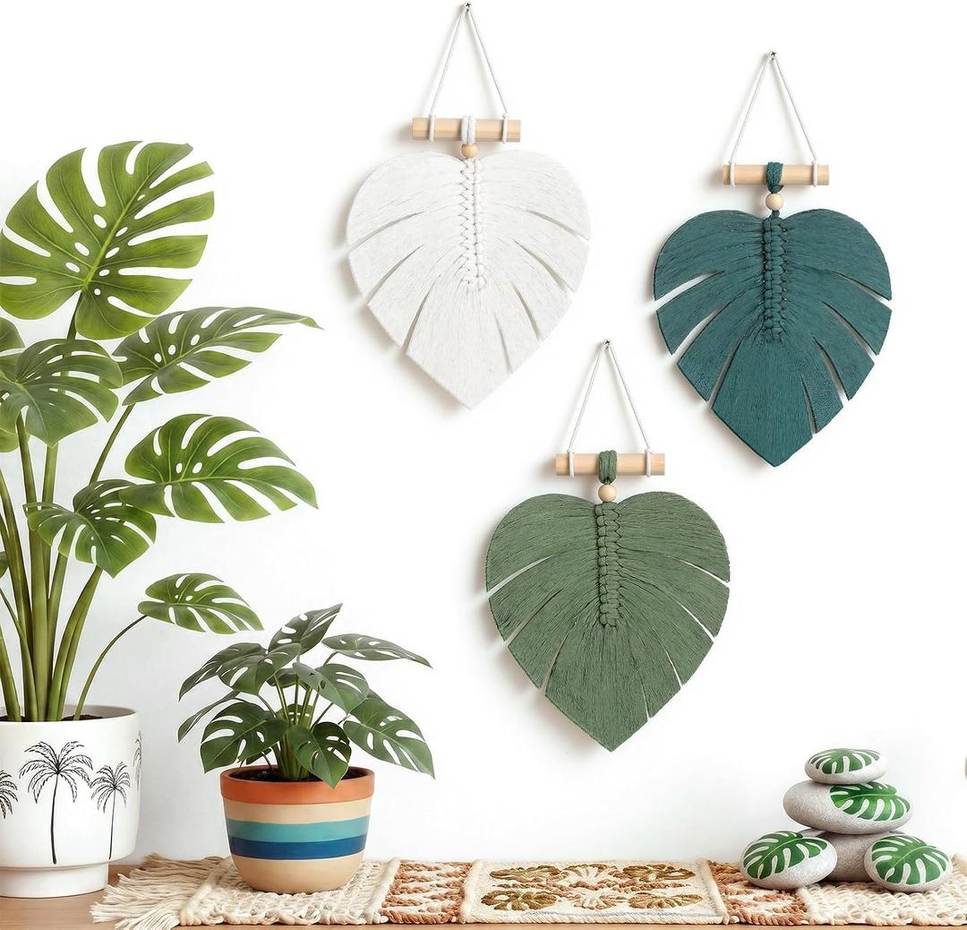 Hoteam 3 Pcs Tropical Wall Decor Jungle Monstera Macrame Wall Hanging Bohemian White Green Palm Leaf Woven Tapestry Wooden Bead Hanging Ornament for Nursery Bedroom Living Room Apartment Home Backdrop, 9.8 x 6 inches