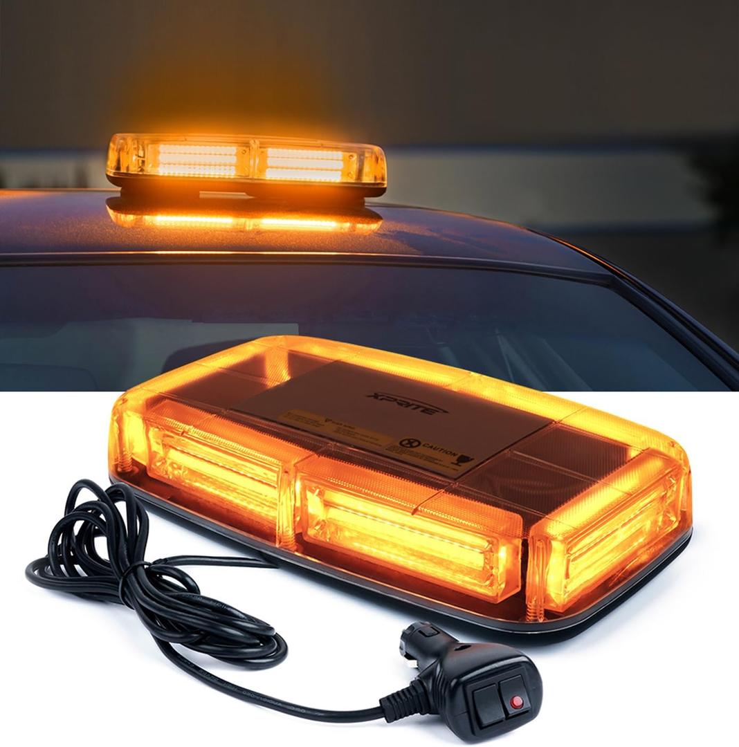 Xprite COB LED Amber Rooftop Strobe Beacon Lights w/Magnetic Base 19 Flashing Pattern, Safety Warning Caution Light for Emergency Construction Vehicles Snowplow Trucks Postal Mail Cars