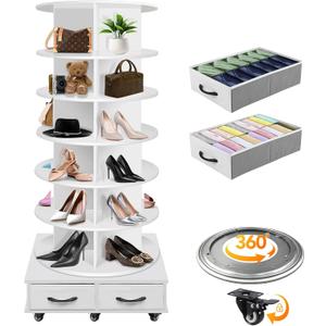 RUNSUNSPRI 7 Tier Rotating Shoe Rack, 360° Revolving Free Standing Shoe Organizer, Multifunctional Storage Revolving Shoe Rack Tower, Spinning Shoe Display Lazy Susan (White)