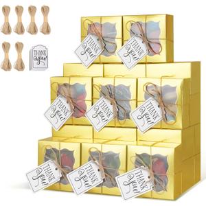 KPOSIYA 60 Pcs Gold Bakery Boxes with Window Individual Cupcake Boxes 4x4x2.5 Inches Cookie Boxes Kraft Paper Gold Gift Box for Pastries, Cookies, Pie, Donuts, Macaroon