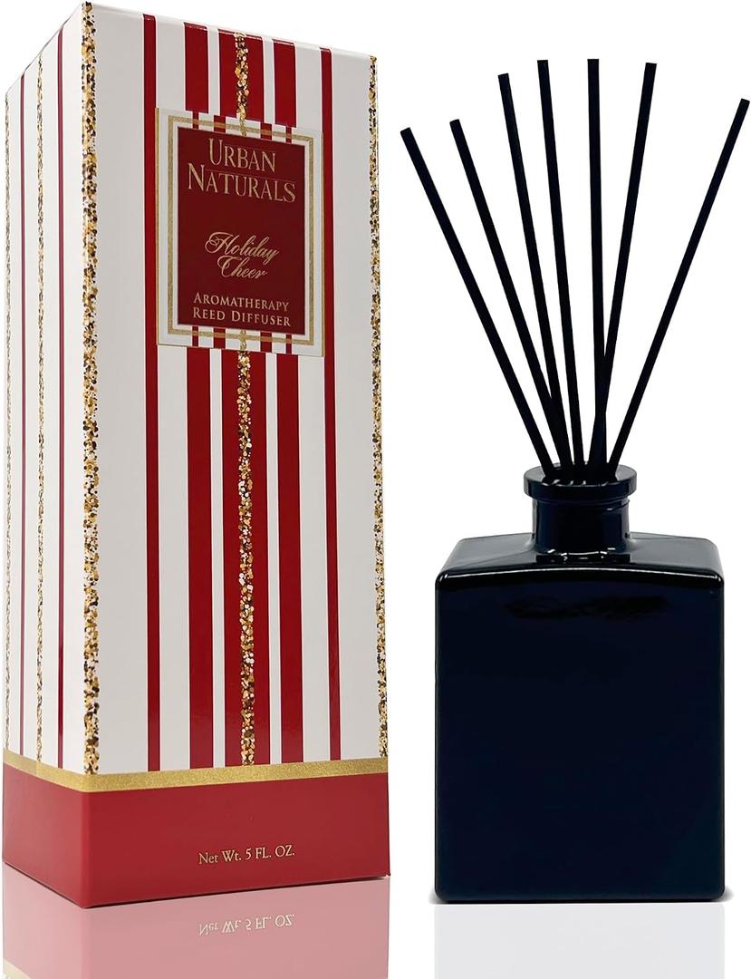 Urban Naturals Holiday Cheer Reed Diffuser Set Cranberry, Cinnamon, Evergreen, Cedar & Smokey Wood 5 Ounce Sleek Black Rectangular Refillable Glass Bottle Made in the USA