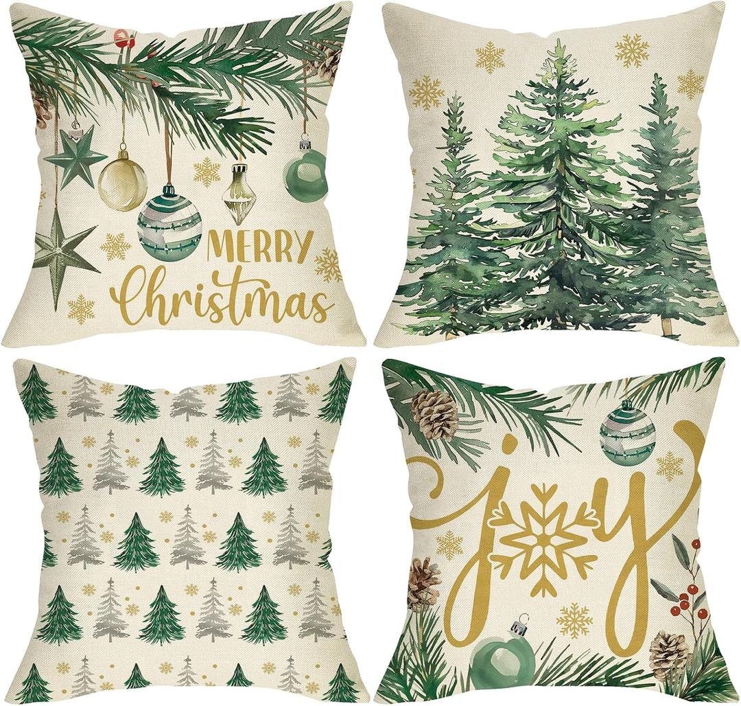 Merry Christmas Pine Tree Decorative Throw Pillow Covers 18 x 18 Set of 4, Xmas Joy Balls Gold Snowflake Porch Outdoor Home Decor, Winter Holiday Sofa Couch Cushion Case