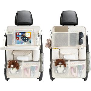 Car Backseat Organizers 2 Pack with Foldable Trays - PU Leather Back Seat Organizers with 11 Storage Pockets, Tablet Holders, Seat Back Protectors for Kids Family Travel Accessories (Beige)