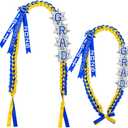 63'' Graduation Lei 2025 Handmade Double Braided Ribbon Necklace with Tassel & Number Patch Class of 2025 Honor Cord Gift Set Money Leis Kit for College Graduation Party(Blue,Yellow)