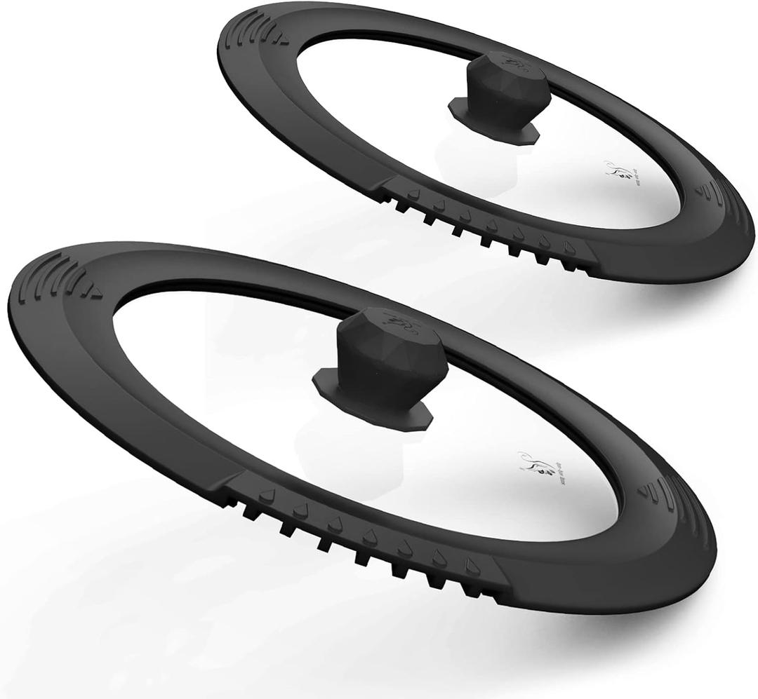 Tempered Strainer Lid for Stockpot, Pasta, Soup Pots - Universal Pan Lids with Heat Resistant Silicone Rim - Glass - Fit 6.5-9.5 inch - Black