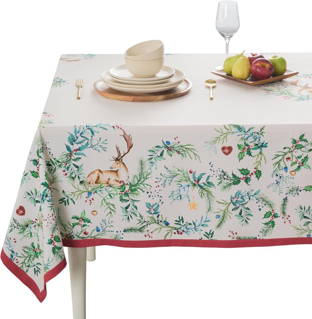 Maison d' Hermine Table Cloth Rectangle Table 100% Cotton 60 x 120 Inches Fall Tablecloth Reusable Everyday Use for Thanksgiving Christmas Decorations Dining Farmhouse Party (Holly Time)