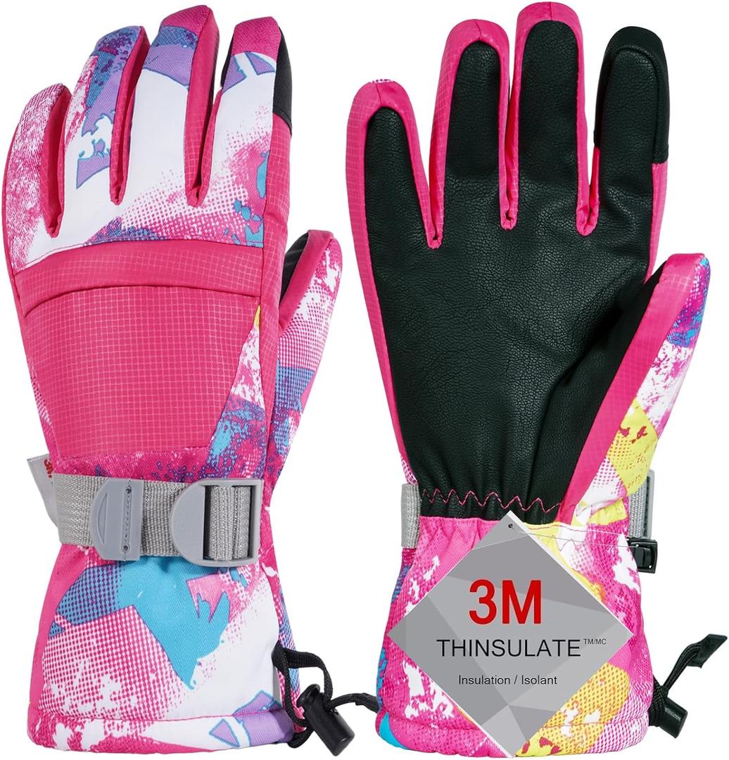 Pnosnesy Ski Gloves, Warmest Waterproof and Breathable Snow Gloves for Cold Weather, Fits Both Men & Women,for Parent Child Outdoor (XXS(Fit Kids 4-6 Years), Rose Red)