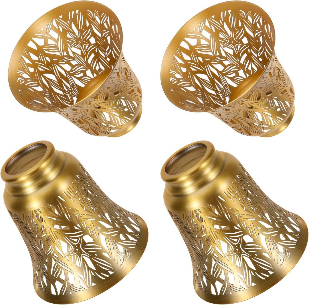 Pendant Light Shades, 4 Pack Ceiling Fan Light Shade Replacements with 1-5/8" Fitter, ALUCSET 4.72" Height 4-3/4" Diameter, Metal Bell Shaped Cover for Chandelier Wall Sconces,Yellow Brass&Gold Plated