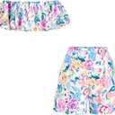 Women's 2 Piece Beach Vacation Outfits Boho Floral Off The Shoulder Crop Top and Shorts Set, Size Large