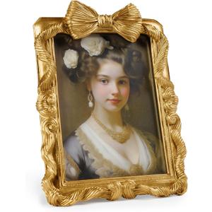 Gold Picture Frames 5x7 Bow Frame, Ornate Elegant 5 by 7 Photo Frame with Bowknot Design, Vintage Handcrafted Resin Antique Frame with Glass Front for Wall and Tabletop Display, Home Decor, Gift Ideas