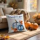 Fall Throw Pillow Cover 16x16 Inch  White Linen Decorative Cushion Cover with Blue Pumpkins and Orange Leaves  Double-Sided Print, Autumn Farmhouse Pillowcase for Couch Sofa Bed