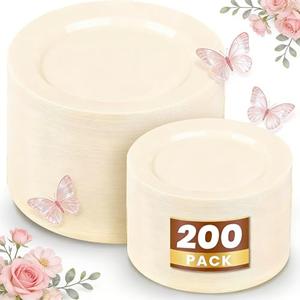 WDF 200PCS Ivory Plastic Plates - Elegant Ivory Disposable Plates for Party- Include 100 Dinner Plate 10inch and 100 Plastic Dessert Plate 7inch Perfect for Party Baby Shower Spring Mother's Day