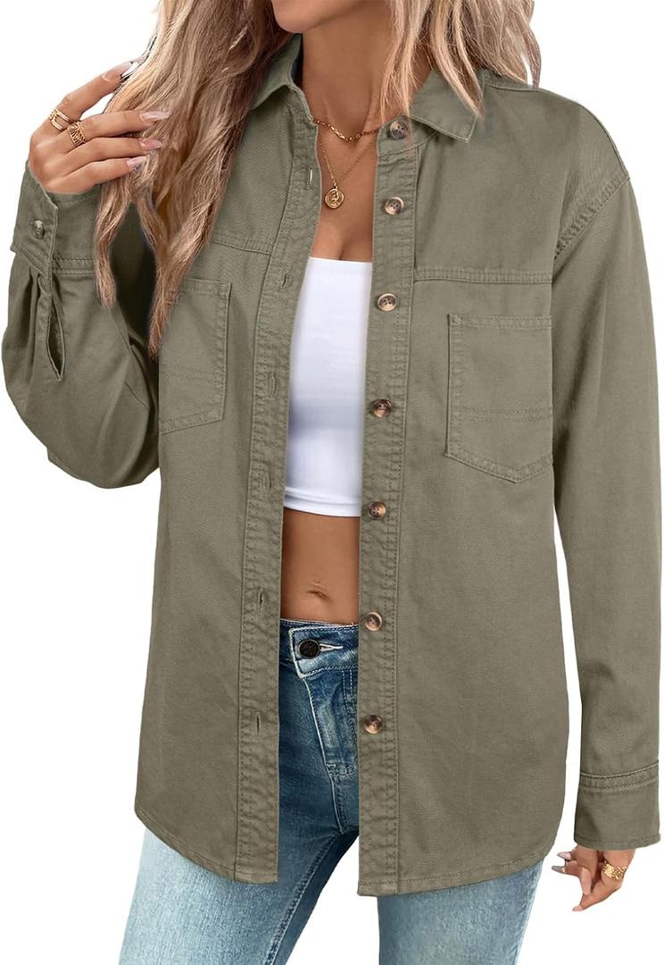 Sidefeel Women Denim Shirt Oversized Long Sleeve Button Down Blouse V Neck Trendy Western Shacket Tops Green X-Large