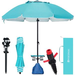HOMEDEMO 8FT Large Beach Umbrella with Weight Bag & Sand Anchor, Outdoor Umbrellas with Adjustable Aluminum Pole and Table, Heavy Duty Windproof & UPF 50+