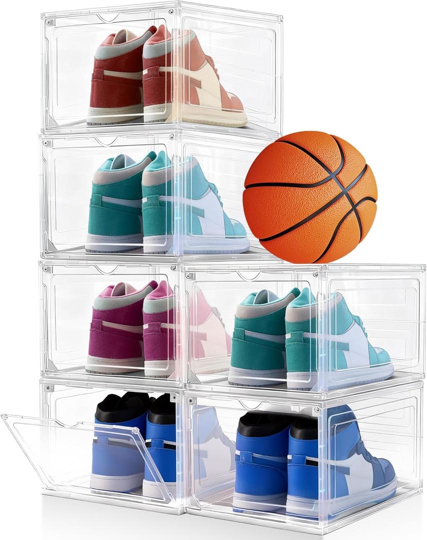 6Pack Shoe Storage Boxes, Shoe Boxes Clear Plastic Stackable, Shoes Storage Organizer with Magnetic Door, Thicken & Sturdy Shoes Organizer for Closet Sneaker Boot Container, 13.4x10.5x7.3 inch