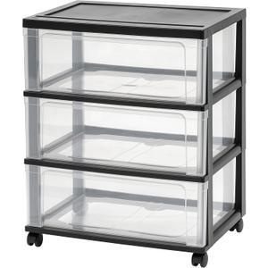 IRIS USA Plastic Drawer Storage Organizer Rolling Cart, with Wheels Casters, 3-Drawers, for Art Craft Supplies Bathroom Dorm Bedroom Laundry Room, Wide, Black
