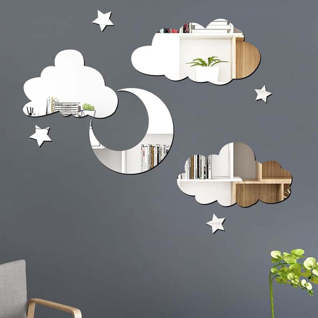 3D Moon Cloud Mirror Wall Decor Acrylic Mirror Stickers Self Adhesive Decorative Moon Star Cloud Wall Decals for Baby Kids Children's Living Room Bedroom Nursery Wall Decor