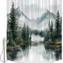 Green Misty Forest Shower Curtain Mountain Foggy Pine Trees Landscape Watercolor Jungle Plant Rustic Nature Scenery Lake Fabric Bathroom Curtain Set with Hook